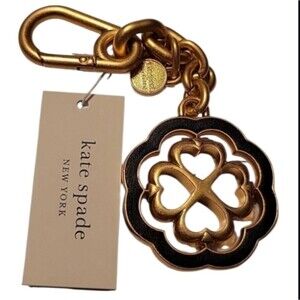 NEW KATE SPADE CLOVER FLOWER BLACK GOLD 4 LEAF GOOD LUCK CLIP Key Ring CHARM NWT